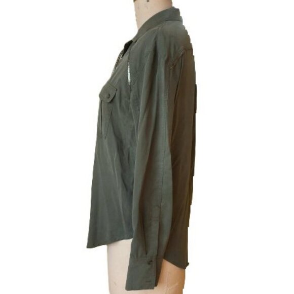 Free People Off Campus Shirt Moss Olive Metallic, utility boho army button down - Picture 4 of 16